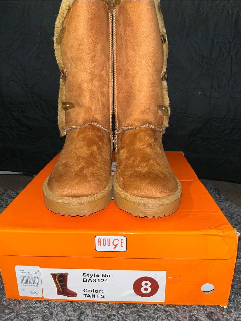 Brand New Rouge Helium Tan Suede Button-Trim Faux-Fur Mid-Calf Boots